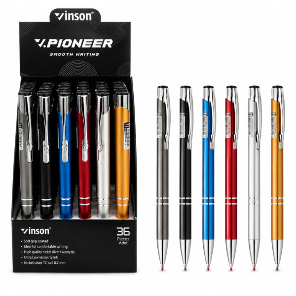 8016 Ручка масляна, автоматична, синя, Vinson, 24 штуки в упаковці